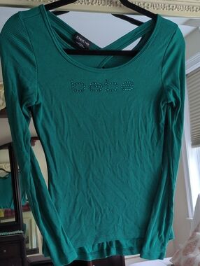 bebe Teal Ribbed Long Sleeve Top with Crystal Logo